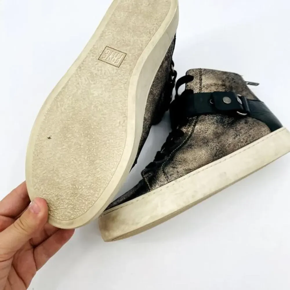 Frye Black Leather Brushed Gold Distressed‎ High Top Sneakers
